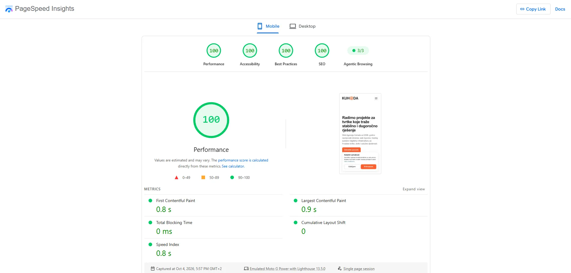 Rezultati PageSpeed insights 01.04.2026