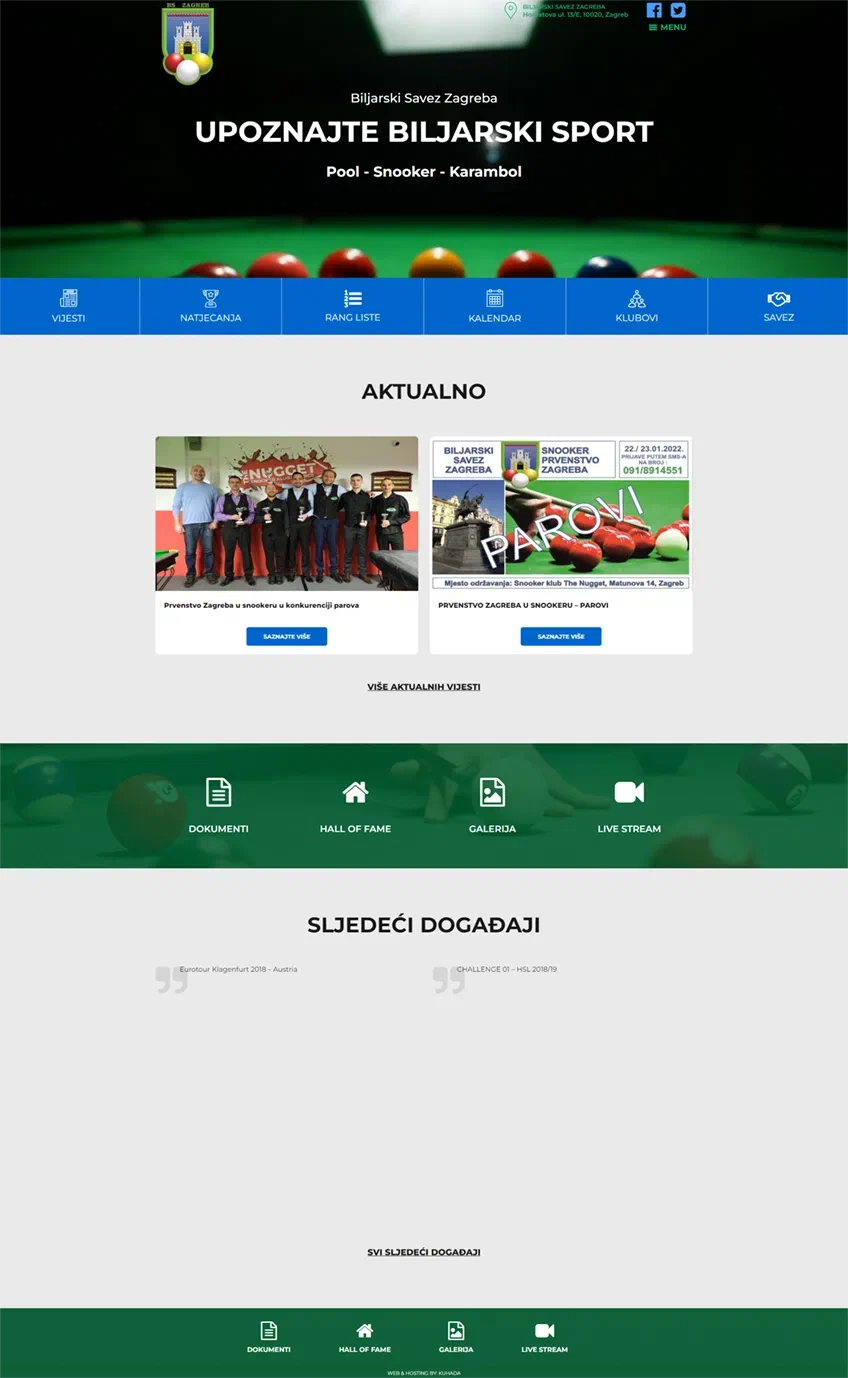 Prikaz web stranice Biljarski savez Zagreba