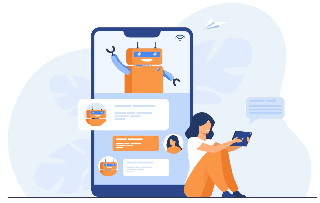 Tiny woman using mobile assistant with chatbot